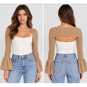 YUYU Knit Bolero Shrug Sweater Womens Small Beige Ribbed Bell Sleeve Open Front